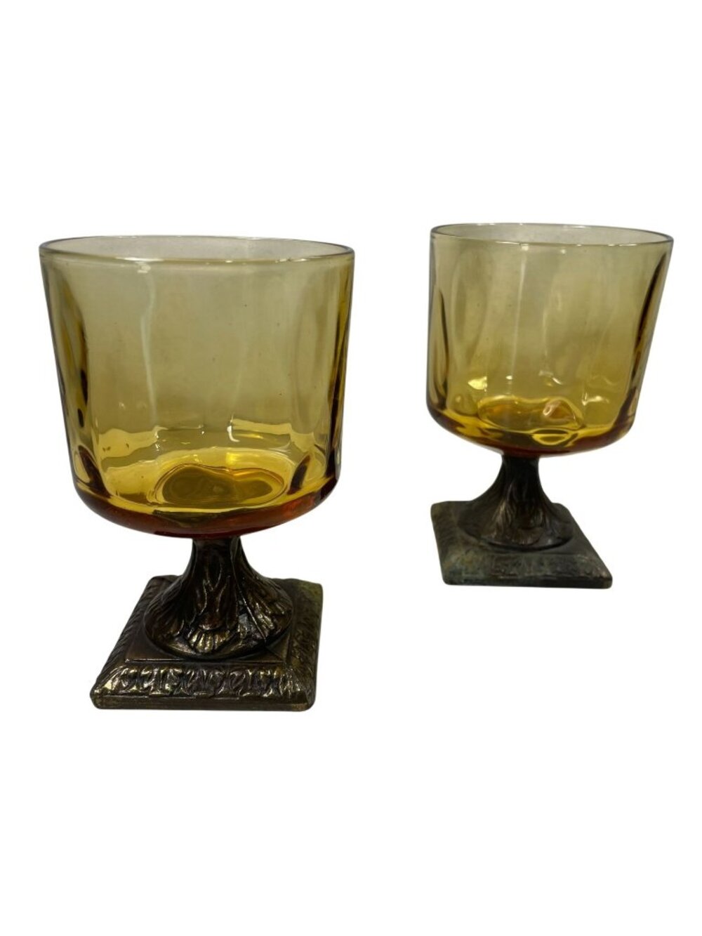 Vintage Amber Glass Brass Pedestal Votive Candle Holder Tea Light Goblet 70s 2pc
